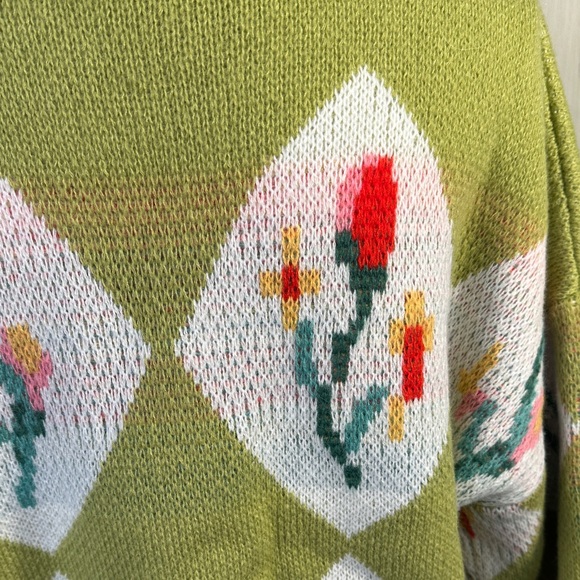 Zaful Lime Green Floral Argyle Crewneck Sweater - Picture 8 of 10